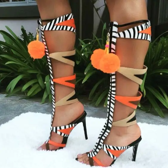 

Sestito Ladies Sweety Orange Fur Ball Embellished Cut-outs Gladiator Sandals Boots Woman Peep Toe Mixed Color Knee High Boots