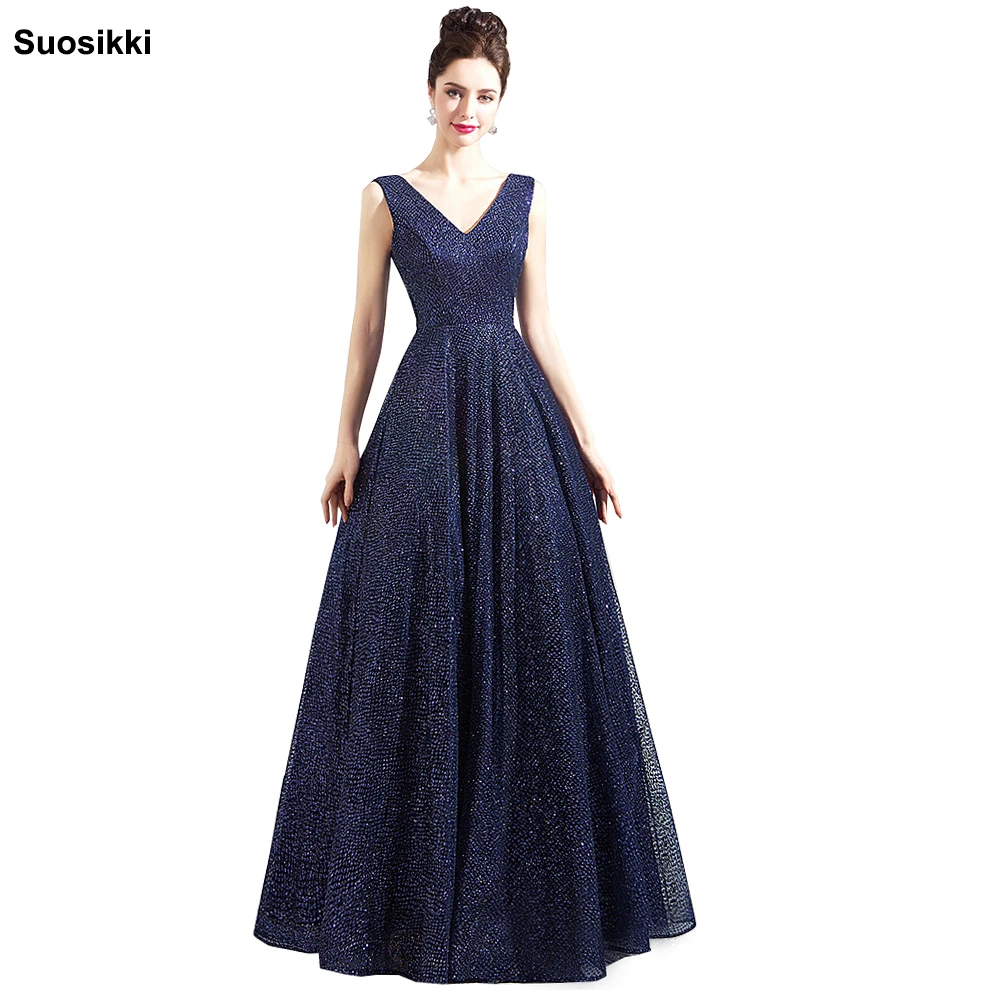 Sexy Evening Dress 2018 V-Neck Sequin Open Back A Line Long Evening Dresses Party Vestido De Festa High Split Prom formal Gowns