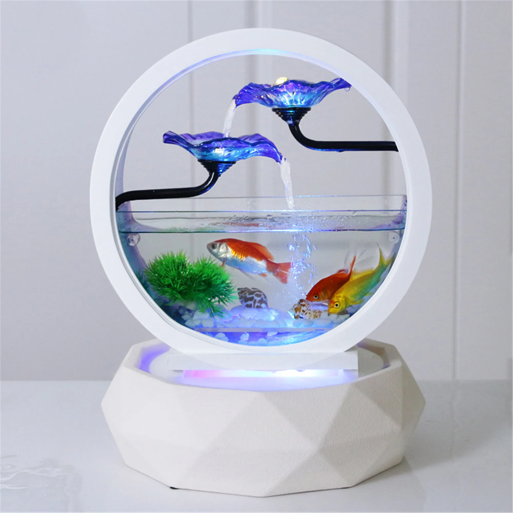 Desktop Water Fountain Small Fish Tank Creativity Table Top Round White Glass Aquarium Office Indoor Decoration Waterfall Kit