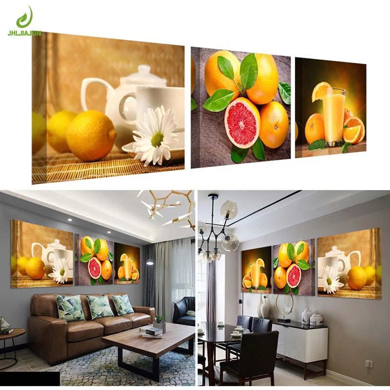 JHLJIAJUN 3 Panel Wall Art Orange Paintings Fruit Picture Print Unframed Canvas Painting For Restaurant Living Room Modern Home