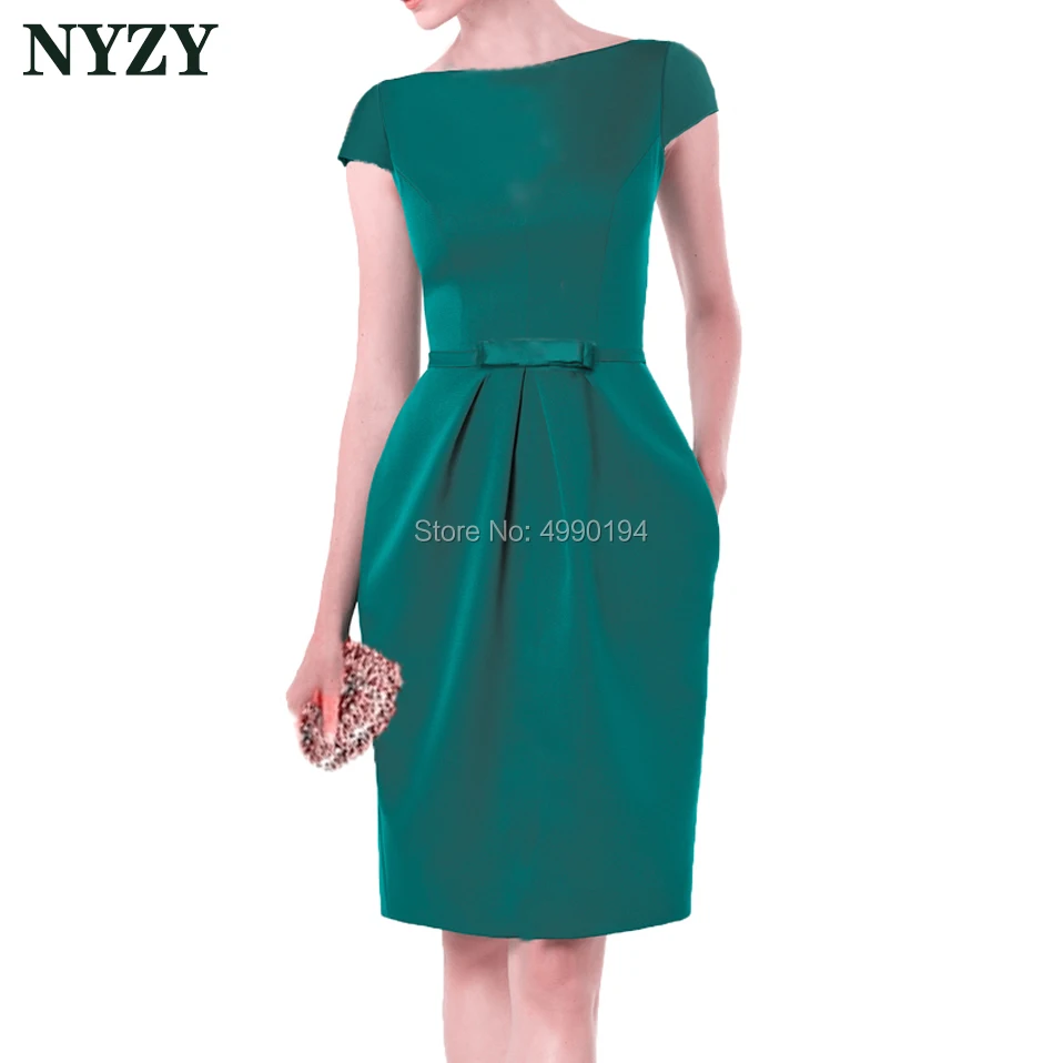 Turquoise Vestido Robe Cocktail Dresses 2019 NYZY C155 Elegant Pocket Satin Wedding Party Dress Guest Wear Formal Gown