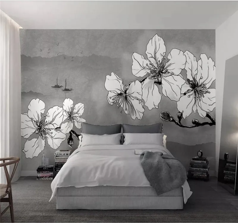 

Custom 3d wallpaper modern black and white Nordic plum landscape TV background wall paper mural quality waterproof material