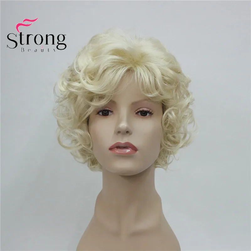 StrongBeauty krótka miękka kudłata warstwowa śliczna blond kręcona falista krótka syntetyczna damska codzienna pełna peruka