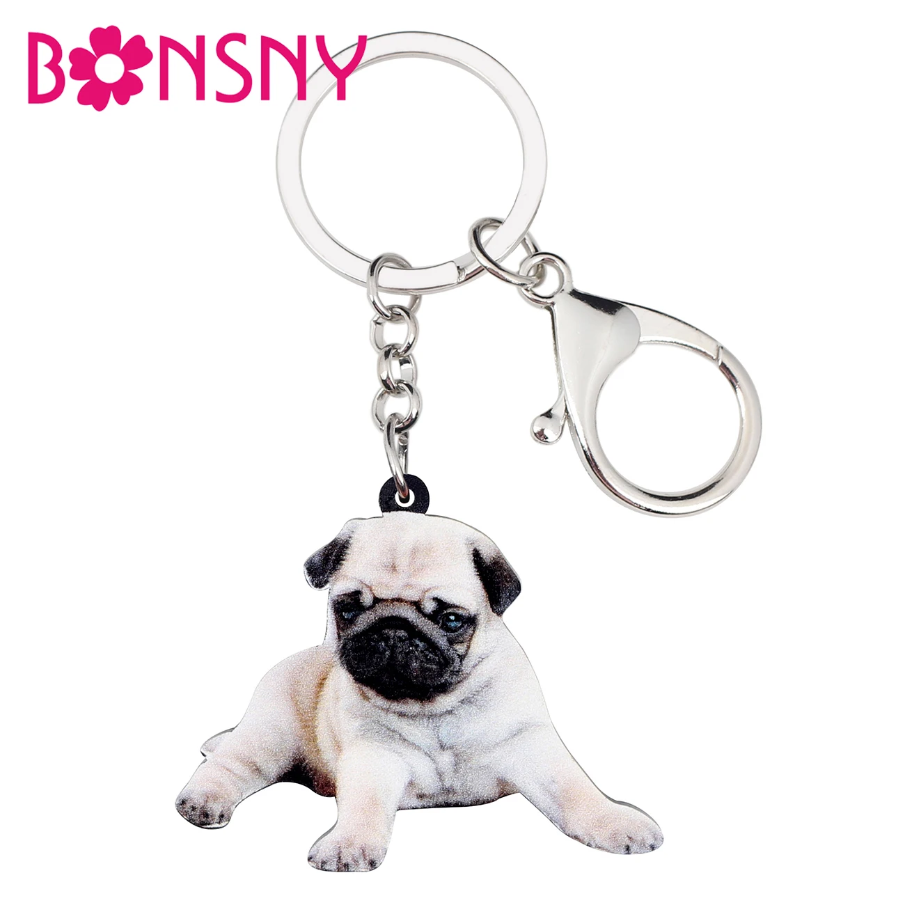 Bonsny Acrylic Sweet Lying Pug Dog Key Chain Keychains Holder Novelty Animal Jewelry For Women Girls Bag Car Pendant Gift Charms