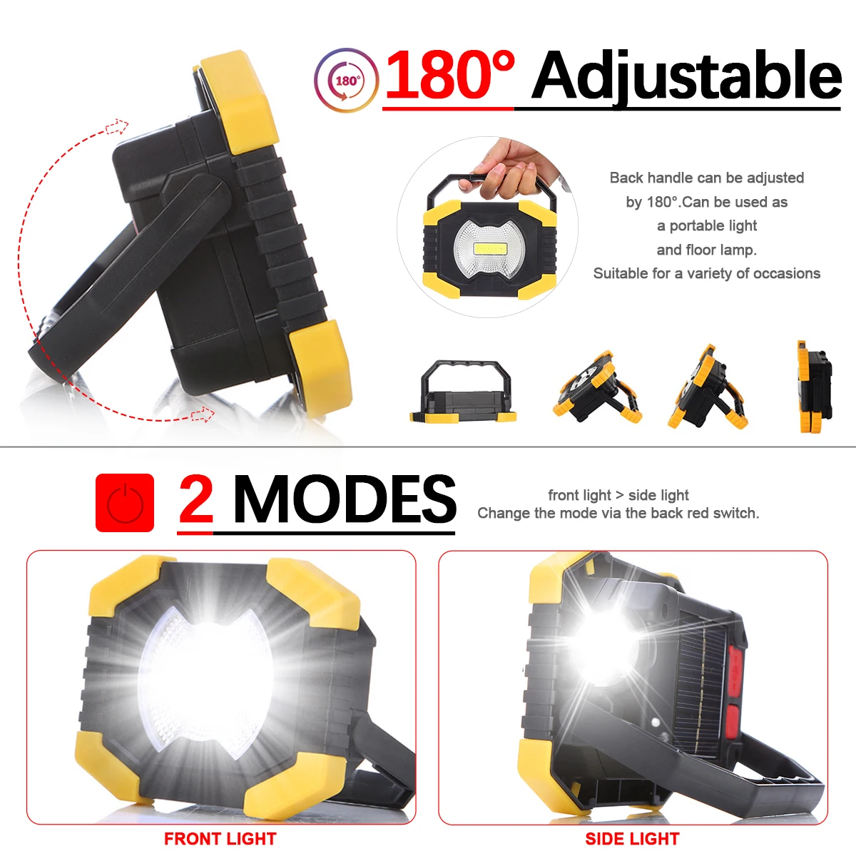 Portable Spotlight Work Light USB Rechargeable Flashlight Solar energy Light Built-in 2400mAh Battery For Hunting Camping
