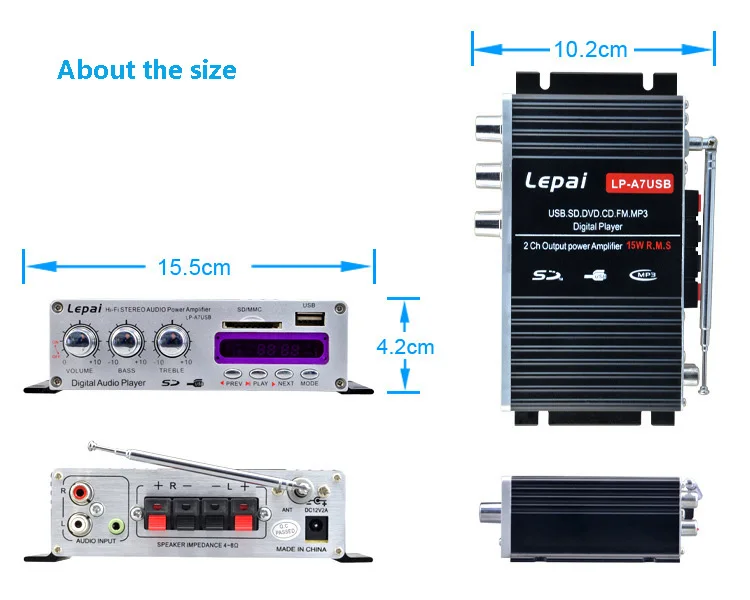 Lepy-amplificadores de potencia Bluetooth lp-a7 USB, con Cable de alimentación y Audio de 12V3A, reproductor MP3 multifuncional FM, SD, USB, para