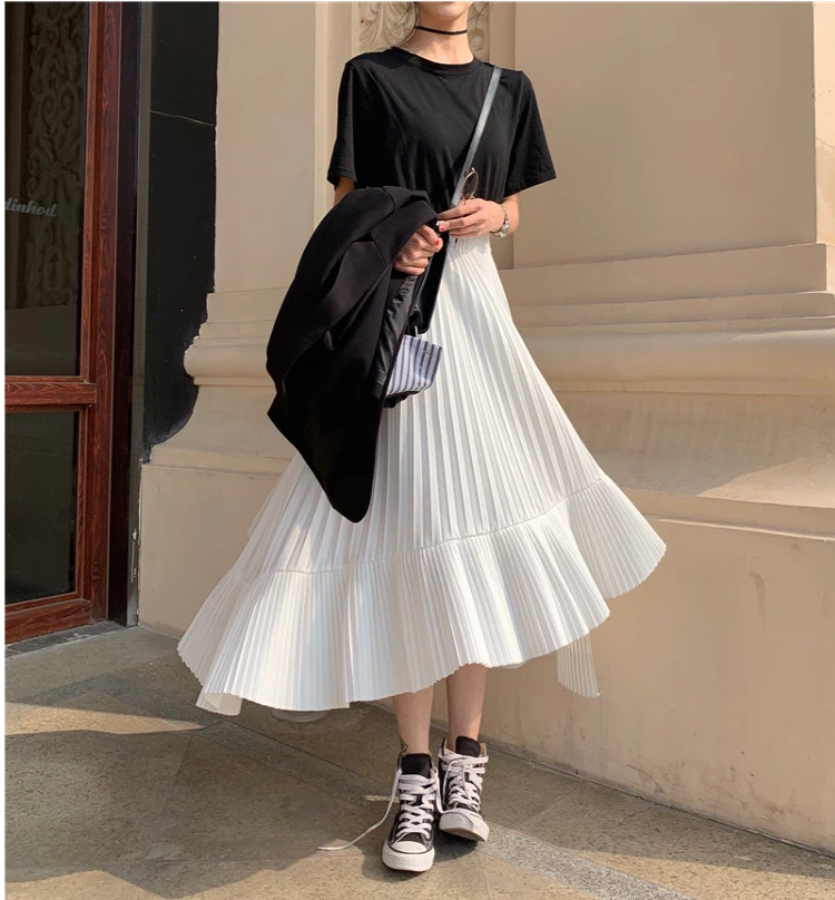 

2024 Spring Summer New Arrival Korean Irregular Sweet Pleated Chiffon Skirt Faldas Largas Elegantes Black Skirts Free Shipping