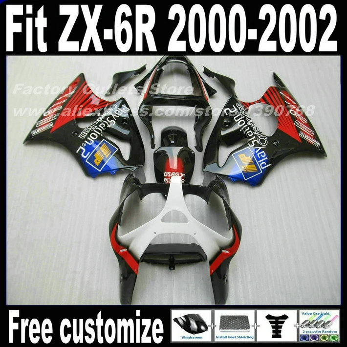 

7 бесплатных подарков Обтекатели для кузова для Kawasaki ZX-6R 2000 2001 2002 Ninja 636 черный красный пользовательский комплект обтекателей ZX6R 00 01 02 MJ1