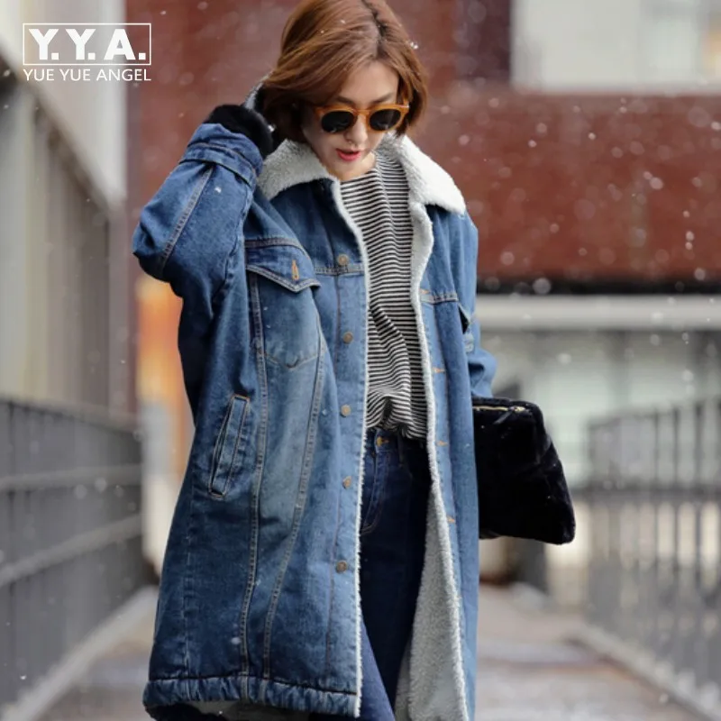 New Arrival Korean Fashion Ladies Fleece Lined Winter Denim Coat Long Loose Warm Jean Jacket Fur Lining Overcoat Outwear