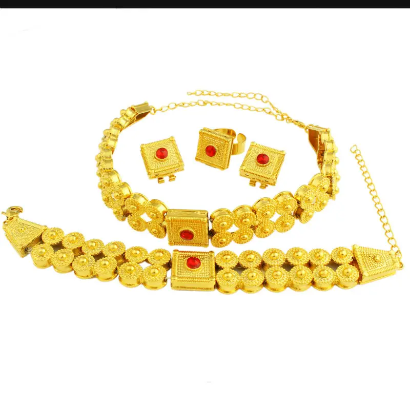 Adixyn New Red Stone Ethiopian Set Jewelry 24K Gold Color Necklace/Earring/Ring/Bracelet Jewellery Set For Eritrea African Women