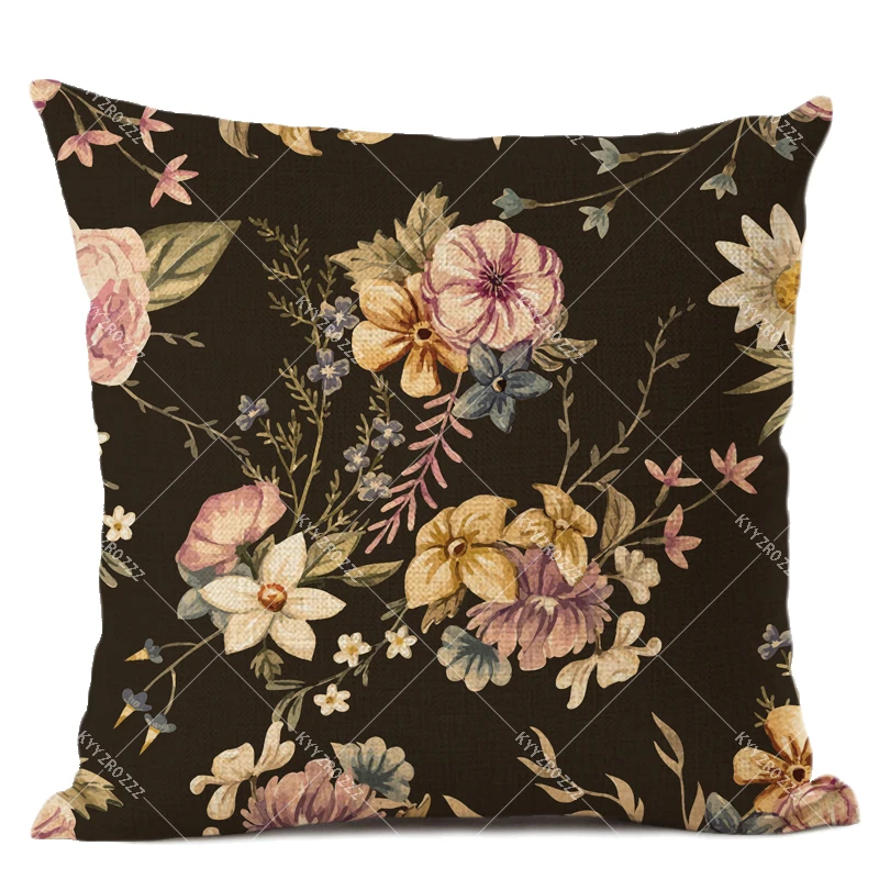 Hot Sale Black Night Vintage Forest Botanical Garden Future Dream Colorful Flowers Leaves Prints Cushion Cover Sofa Throw Pillow