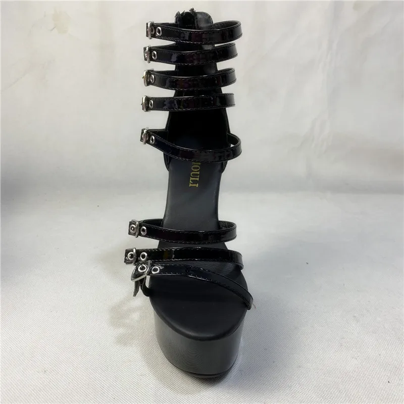 Black buckled summer heels, 15-centimeter pole dancing sandals, 6-inch dancer nightclub runway sandals