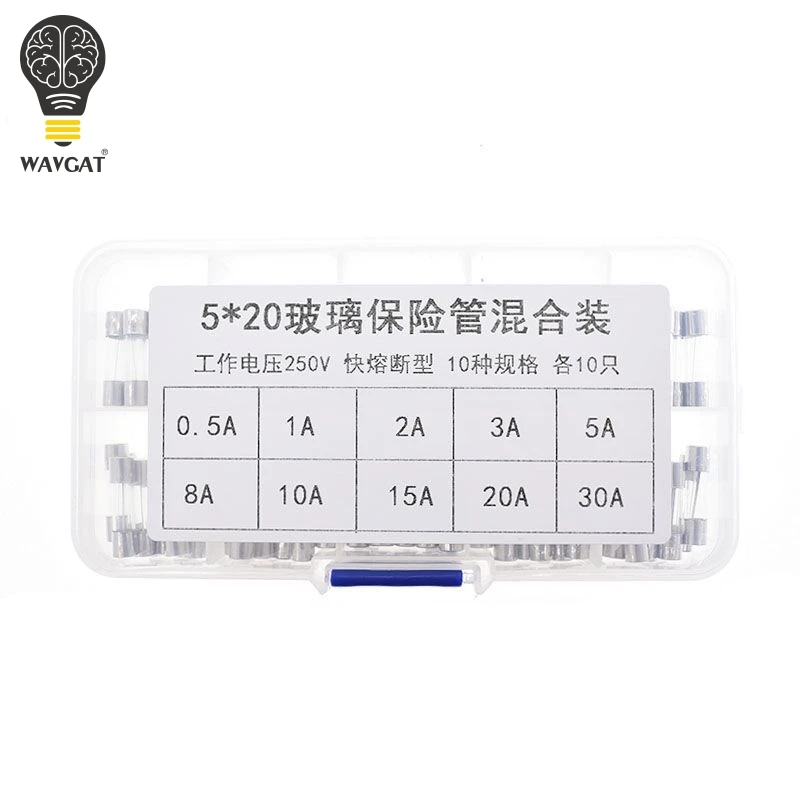 WAVGAT 100PCS Set 5x20mm Quick Blow Glass Tube Fuse Assorted Kits,Fast-blow Glass Fuses 5A 10A 15A 250V 0.2A - 20A