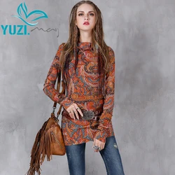 T shirt Women 2017 Yuzi.may Boho New Cotton Linen Tops All Match Floral Print Stand Collar Frog Knot Stretchy Shirts  B9153