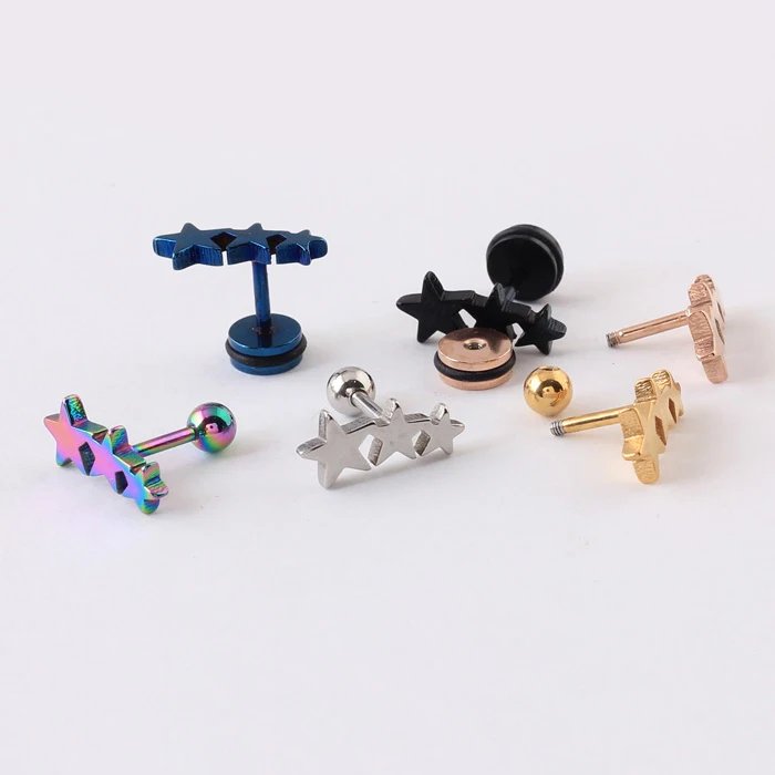 2pcs Stainless Steel Three Triple stars Cartilage Piercing Men Women Stud Earrings