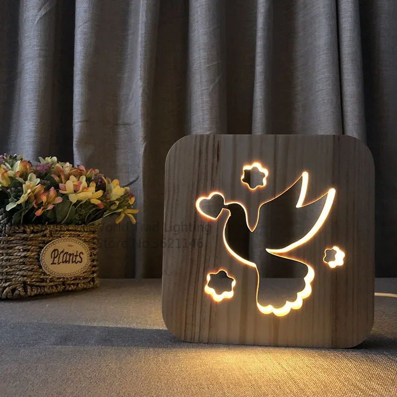 

New Wood 3D Illusion Night Light Cute Peace Dove Party Kid Desk Tabel Lamp LED Lighting Gift USB Decorative Nightlight Baby Lamp