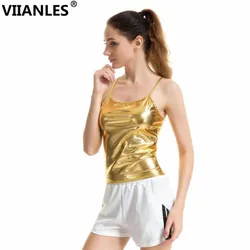 VIIANLES Cami Top Summer Spaghetti Strap Casual Cool Vest Women Sexy Fashion Clubwear Top Gold Silver Dance Vest