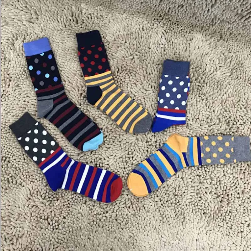 2024 Spring Fashion Women Happy Socks Ladies Polka Dot Funny Long Stripe Unisex 5 Pairs Black Blue