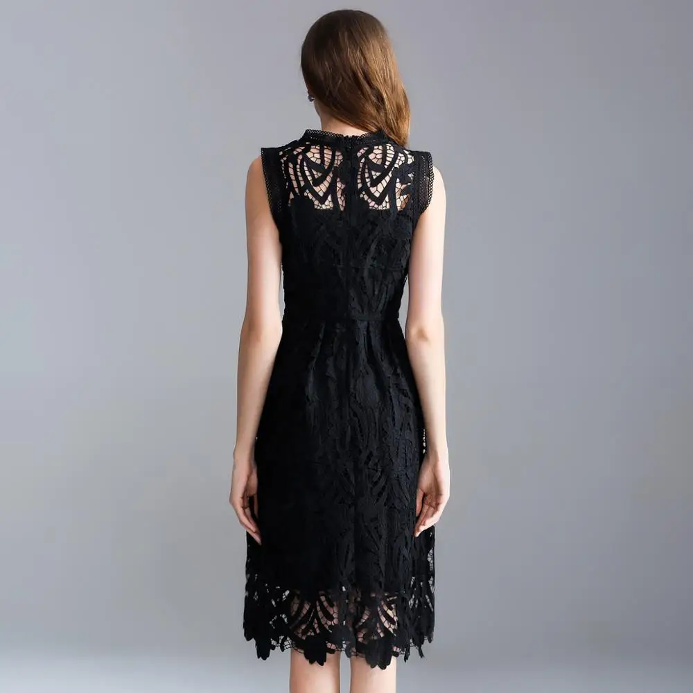 2023 summer new European and American large size women's solid color sleeveless openwork embroidery lace A word dress