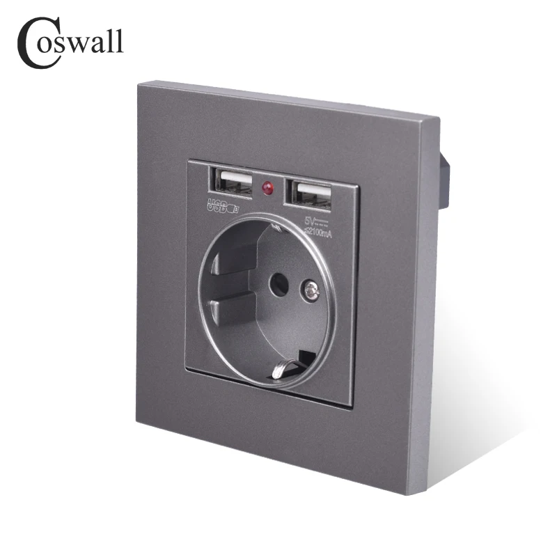 Coswall Dual USB Charging Port 5V 2.1A LED Indicator 16A Wall EU Power Socket Outlet PC Panel Grey Gray Black White Gold