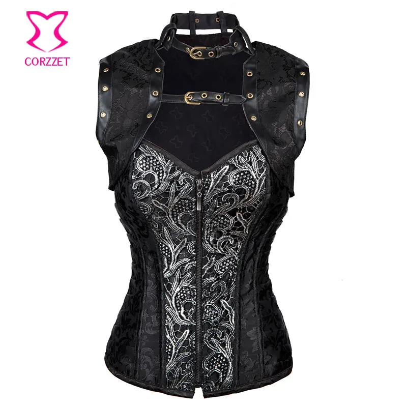 

Black Vintage Brocade Spiral Steel Boned Overbust Corset Waist Trainer Steampunk Corsets And Bustiers Sexy Korsett For Women