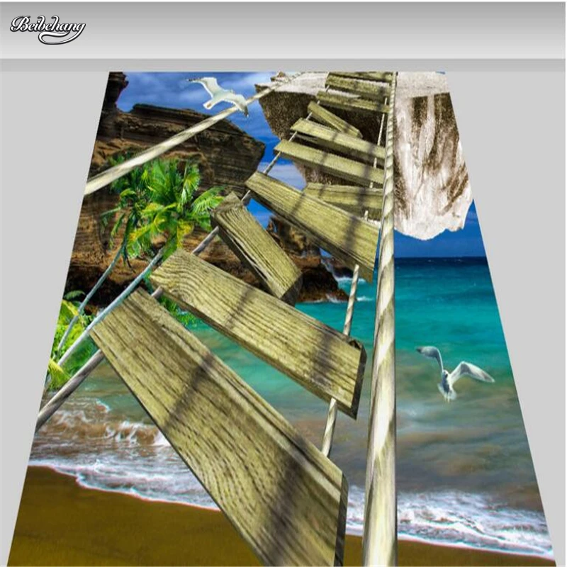 beibehang Custom large mural 3D wood bridge seaside landscape floor thickening waterproof pvc wear film