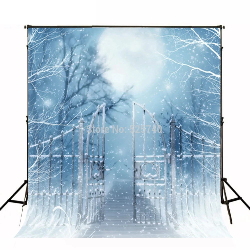 

VinylBDS Photography Backdrops Light Blue Iron Gate Moonlight Photographic Christmas Snow For Children Chrismas