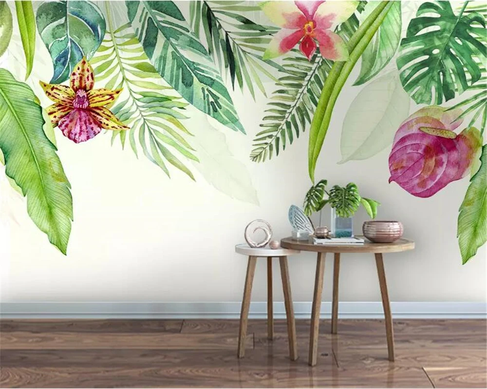 

beibehang Photo wallpaper mural high quality Silk material green plant leaf watercolor Living room sofa background 3d wallpaper