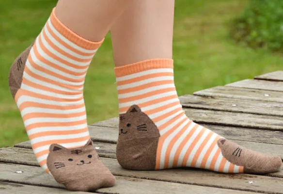 

120pairs/lot fedex fast european style woman cartoon cat socks winter casual stripe cat socks mix colors