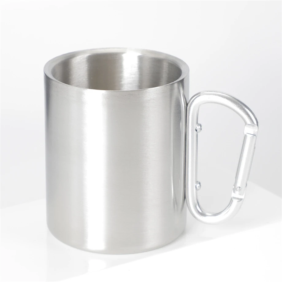 

150pcs/Lot 300ml Hiking Mug Coffee Tumbler Carabiner Water Cup 10oz Camping Glass Stainless Steel 2 Wall No Vacuum Portable