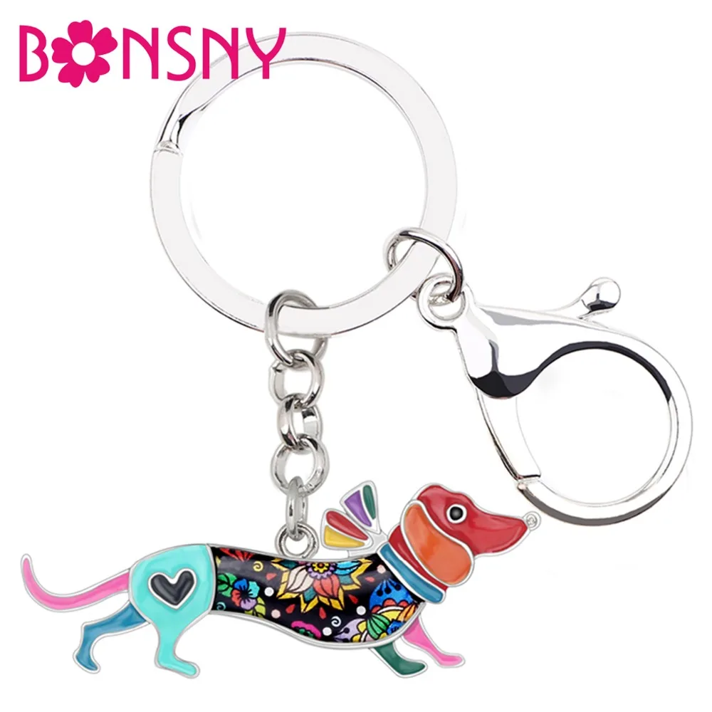 Bonsny Metal Enamel Collar Dachshund Dog Key Chains Keychain Ring Cartoon Animal Jewelry For Women Girl Handbag Car Purse Charms