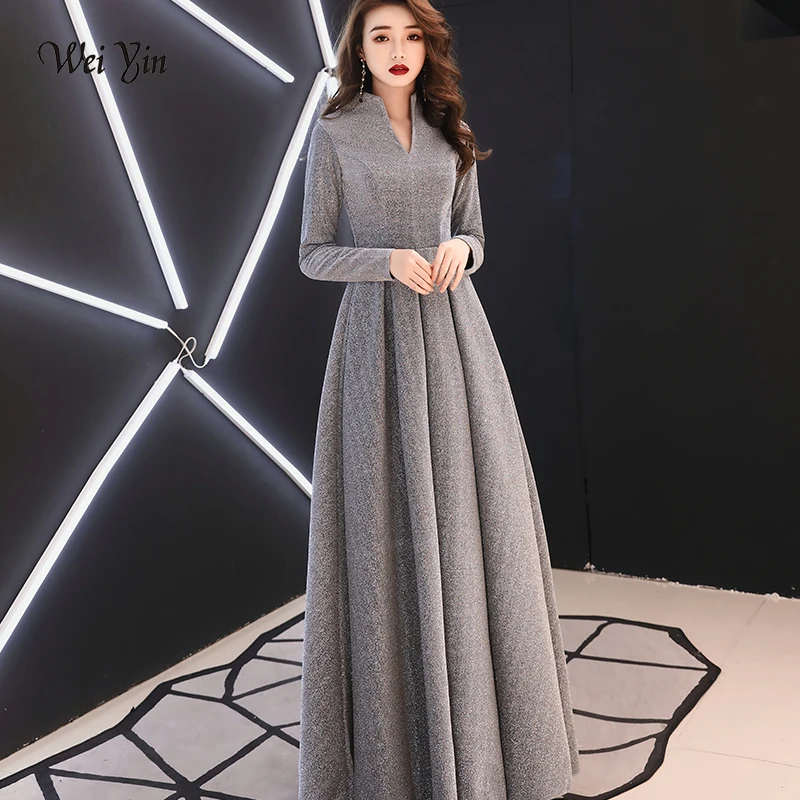 Customized Women Long Sleeve Evening Gowns Celebrity Dress Elegant Formal Long Dresses Satin A line Evening Dresses WY1509