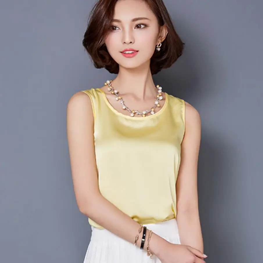 Summer women blouses new casual chiffon silk blouse slim sleeveless O-neck blusa feminina tops shirts solid 8 color