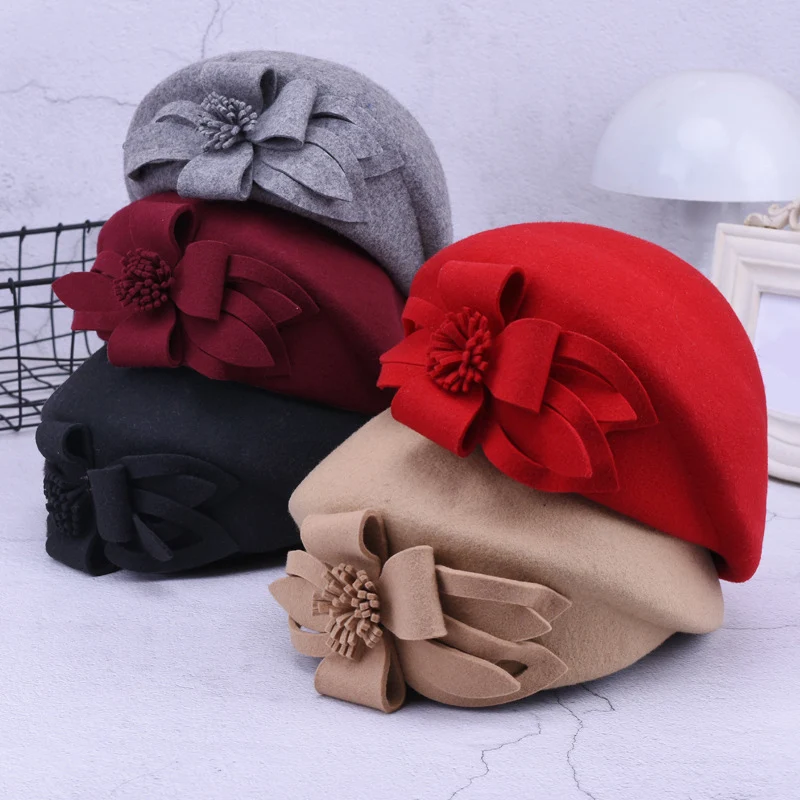 2023 NEW Autumn And Winter 100% Wool Berets Women Winter Felt Hats Lady French Beret Fashion Flower Wool Beret Caps