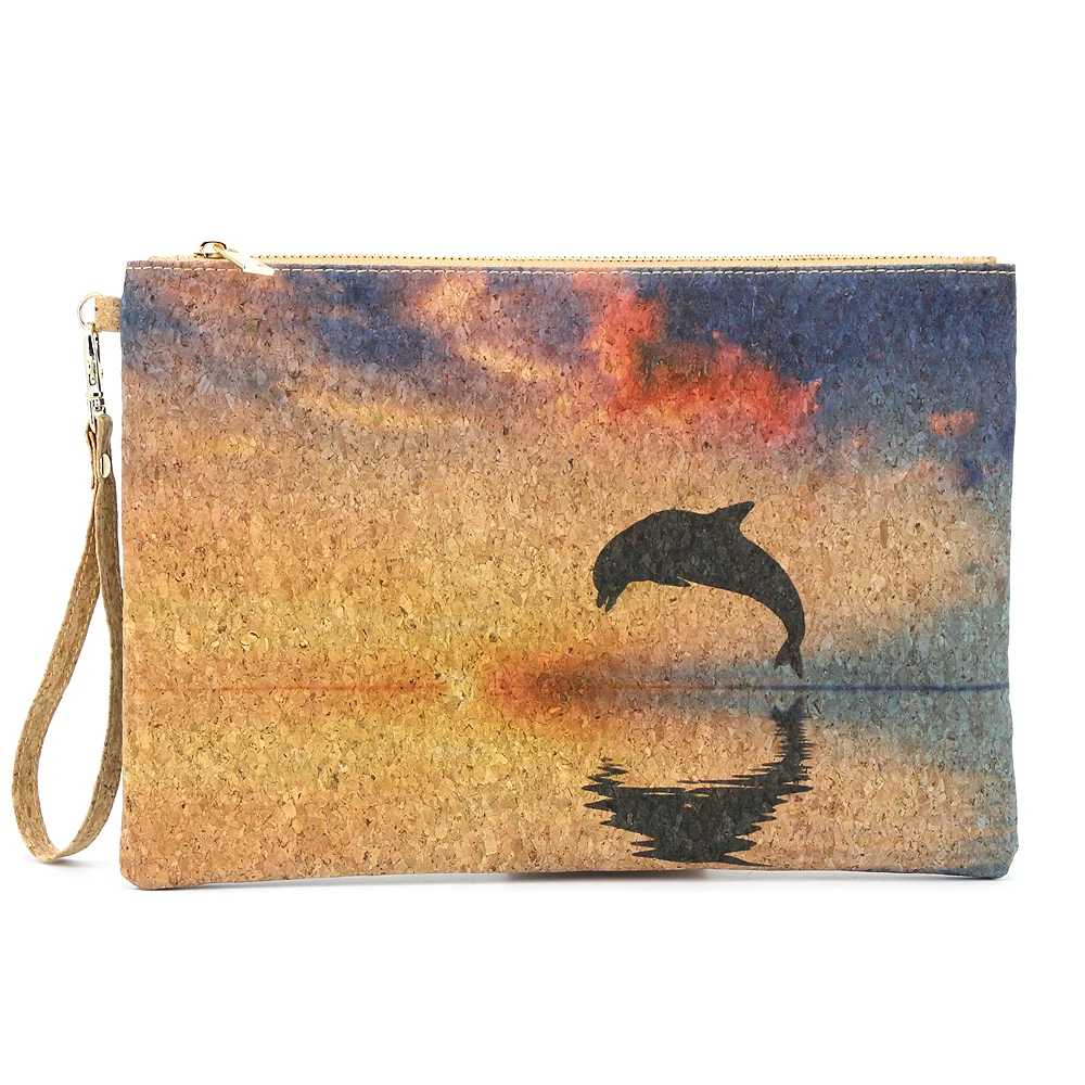 

Portugal Natural Cork Travel Bags Cork Clutch Purse with Dolphin Print For Women