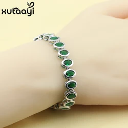 Fashion Jewelry Green Imitated Emerald Sterling Silver Overlay Bracelet For Women Adjustable Link Chain Bracelet Length 18+2 cm