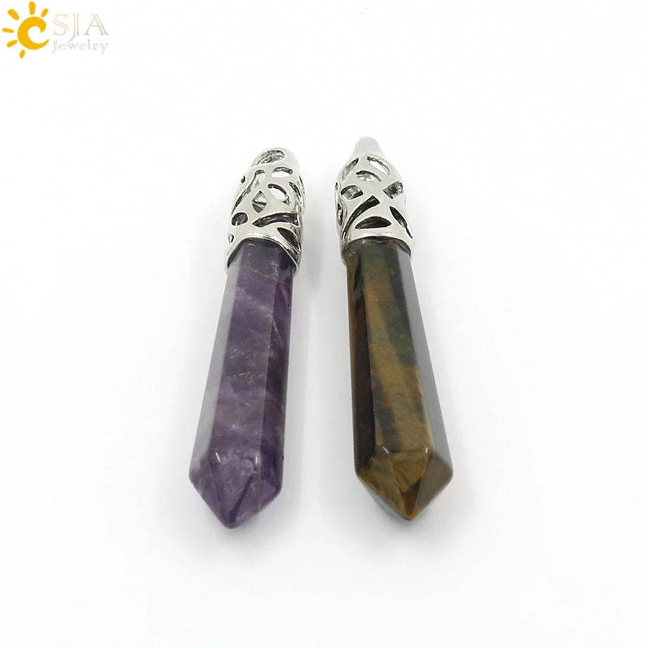 CSJA Reiki Natural Gem Stone Beads Blue Sand Long Hexagonal Prism Healing Point Opal Necklace Pendants Men Women Jewelry E004