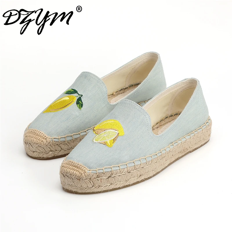 DZYM  Summer Autumn British Canvas Espadrilles Women Fisherman Shoes Lemon Embroidery Knitting Loafers Sewing Zapatos Mujer