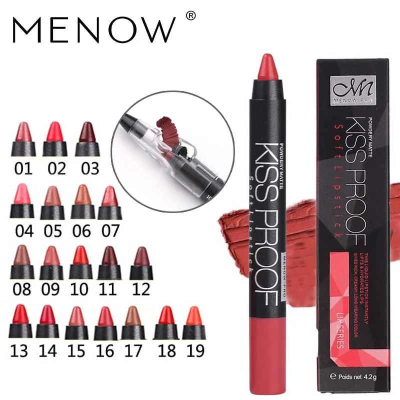 

Menow 19 Color KISS PROOF Sexy Beauty Waterproof Lipstick Pen Durable Do Not Fade Gift Lipstick 1Pcs Pencil Sharpener P13016