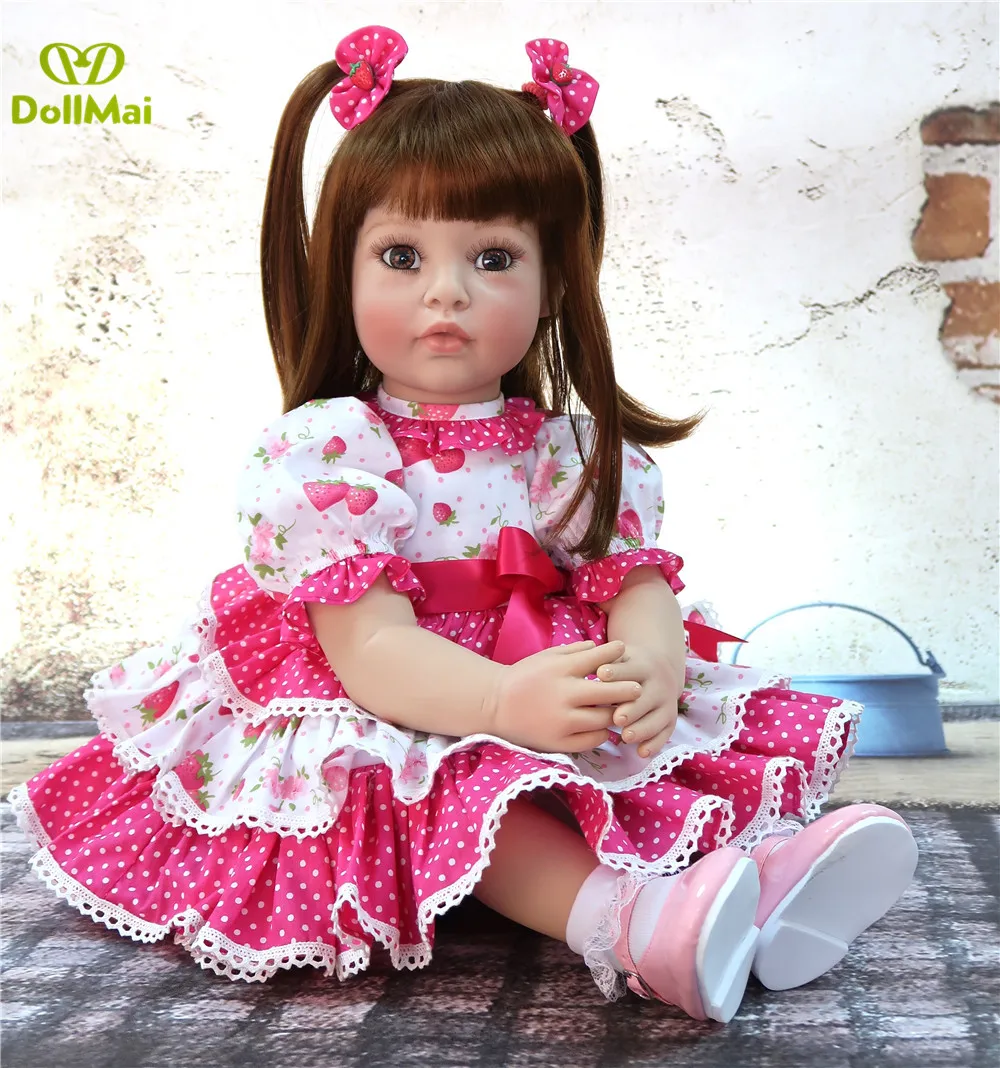 

24 Inch Exclusive Reborn Toddler Strawberry Skirt Doll Hanmdade Soft Body Silicone Baby Doll Bebe Reborn Boneca Real Life