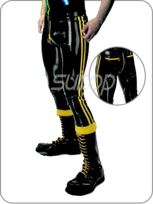 Suitop sexy black latex back pocket zip black and yellow trim 0.6mm thickness