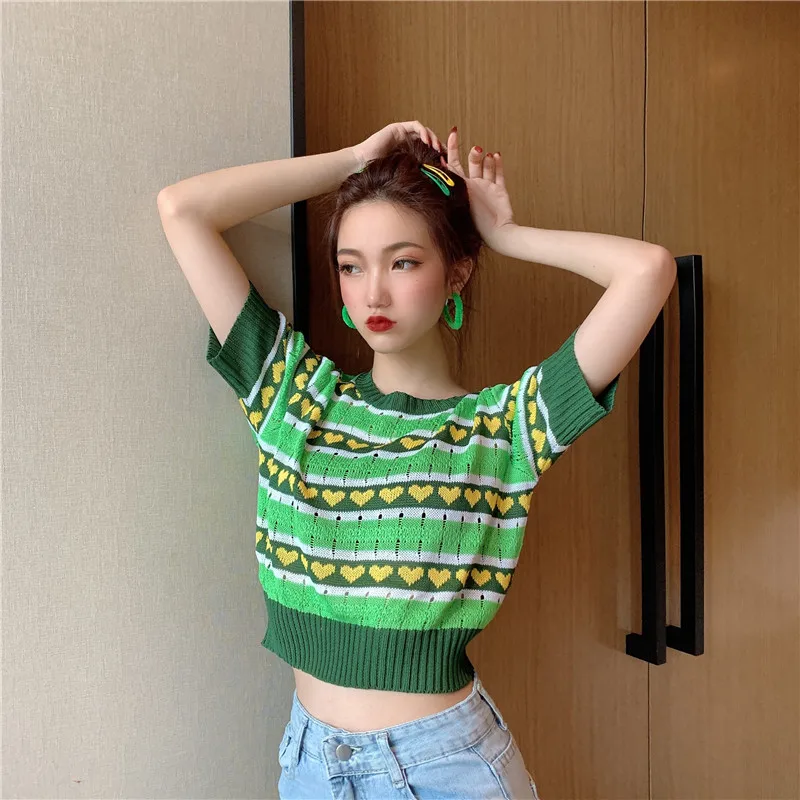 New Women Striped Short Sleeve Green Sweaters Shirts O-Neck Cropped Thin Hollow Out Sweater Pullover Crop Top For Female