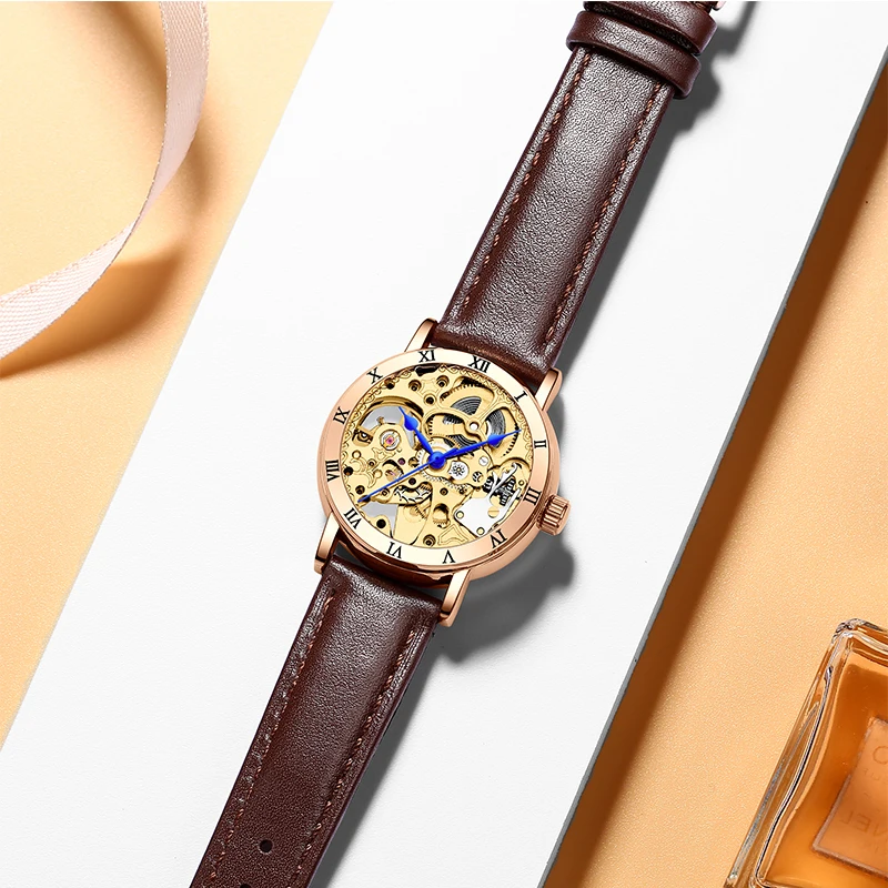 IK Colouring Women Watch Automatic Mechanical Wristwatch Skeleton Steampunk Female Clock Casual Leather Strap Reloj Mujer