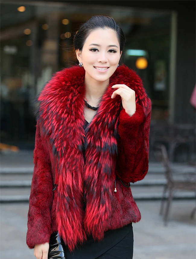 Free Shipping Genuine Rabbit Fur Coat with big collar natural rabbit fur jacket Women short Rabbit Fur coat with raccoon