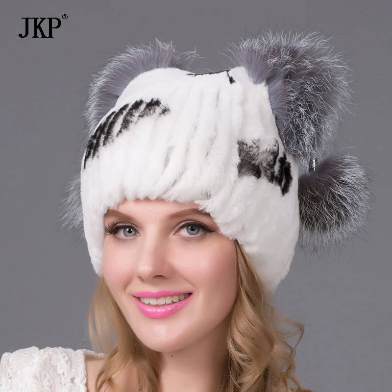 Women\'s Real Natural Rex Rabbit Knitted Winter Hat Warm Thick Fox Fur Ball Plush Cap Cute Stitching Female Header Gift THY-29