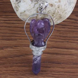 Crystals Angel Pendants Natural Healing Crystal Amethyst Rose Quartz Hexagonal Carve Angel Stone Pendulum Pendant Women Jewelry