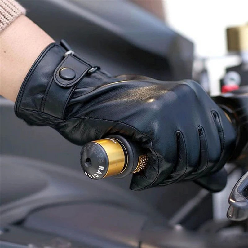 Fashion Men Genuine Leather Gloves Black Sheepskin Glove Autumn Winter Plus Velvet Thermal Driving Gloves M013NC