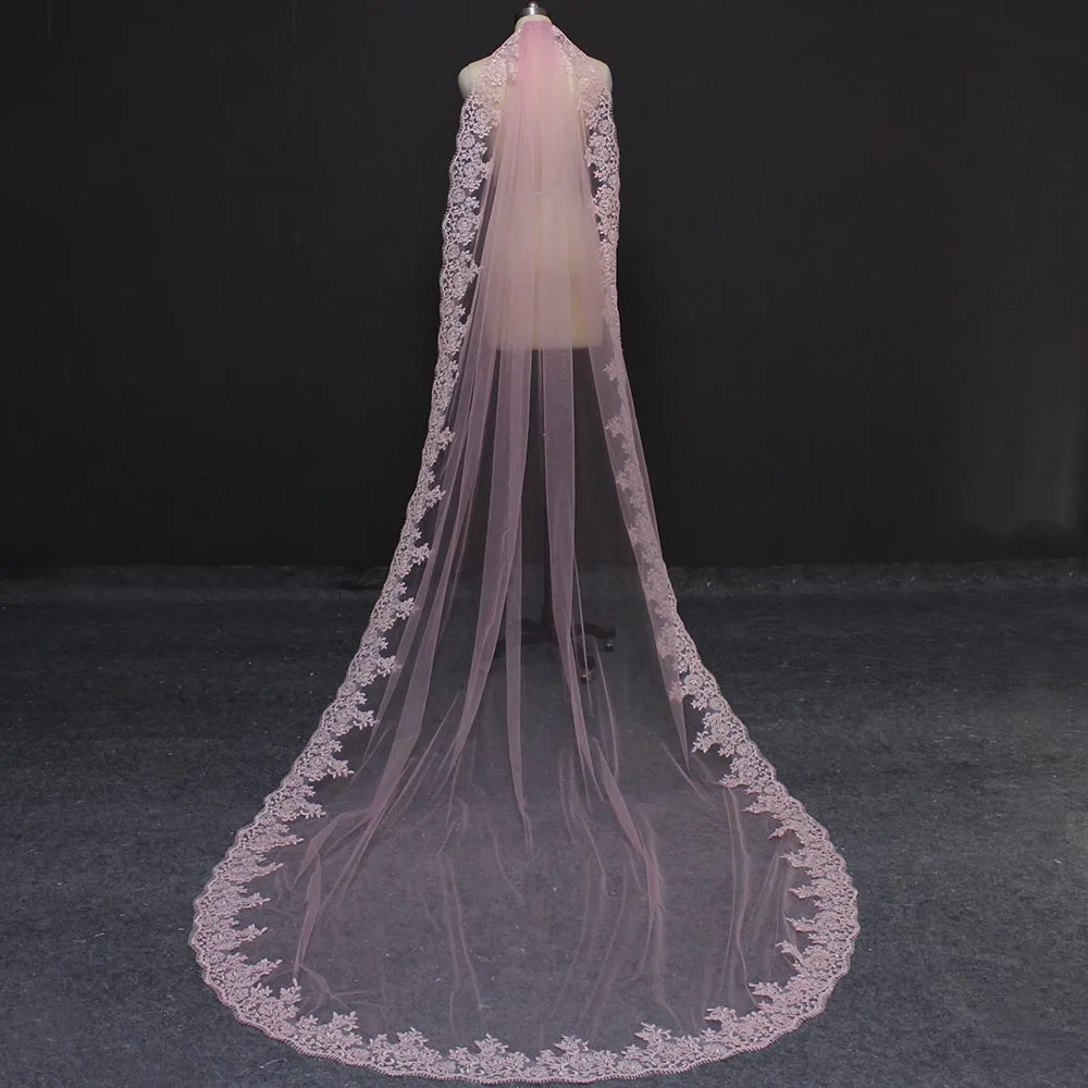 Customized New Arrival Pink Long Wedding Veil with Comb One Layer 3 Meters Cathedral Bridal Veil Colorful Voile Mariage