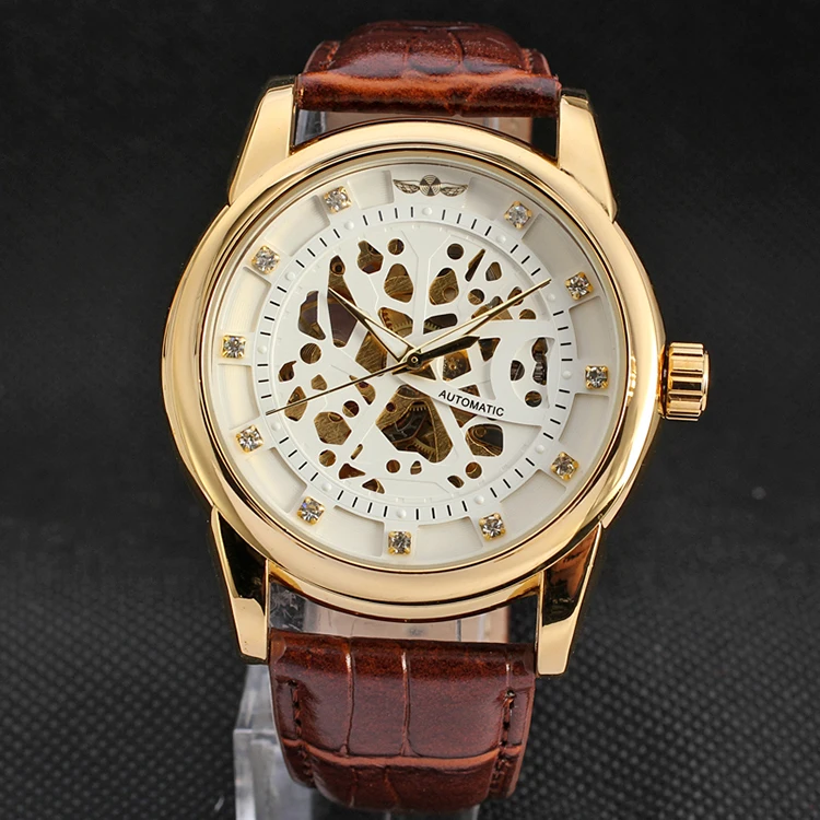 

WINNER Brand Leather Luxury Golden Case Skeleton Diamond Scale Dial Mechanical Automatic Casual Men Women Watch