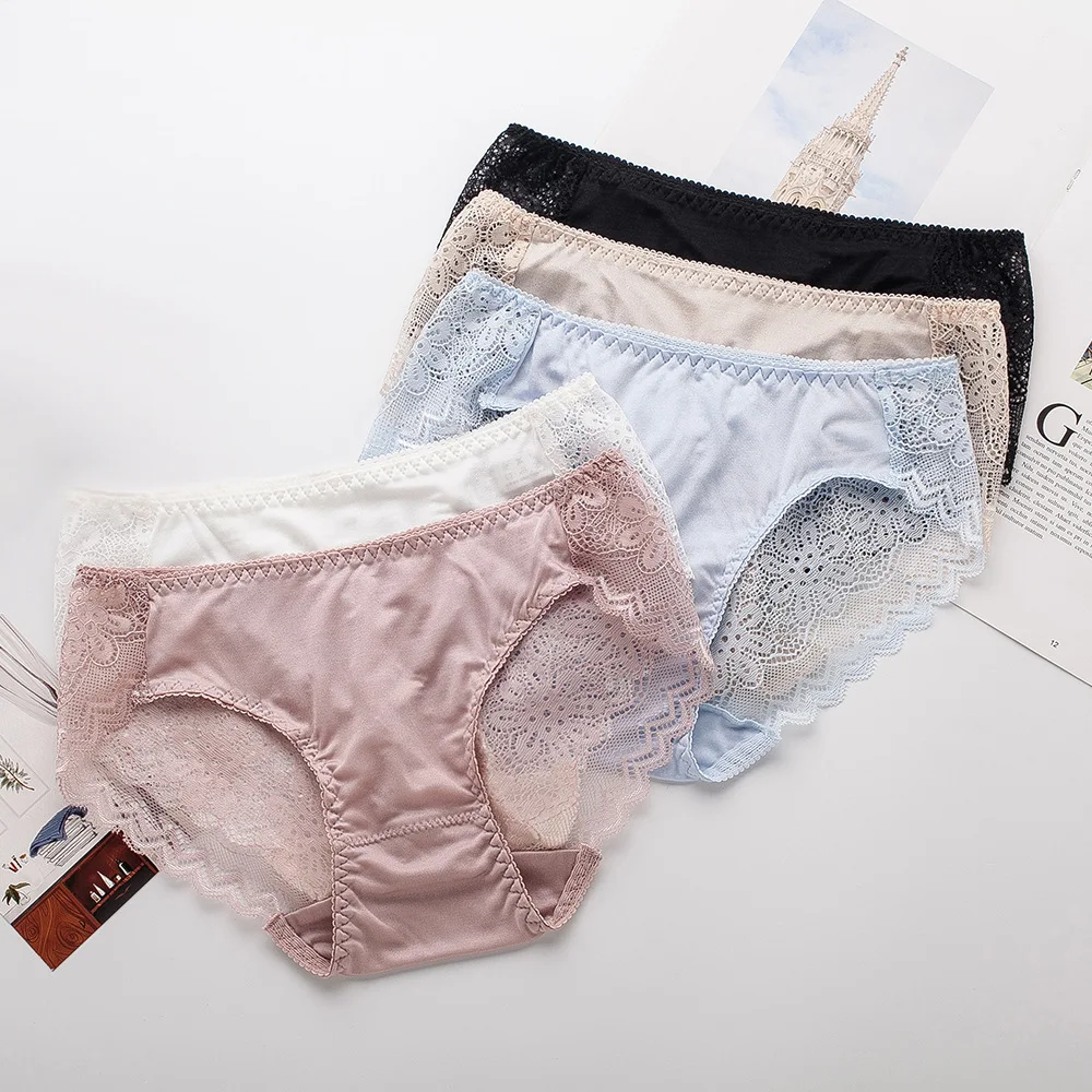 

Birdsky, 3PCS 100% natural mulberry silk Women briefs panties knitted underwear, soft lace, mid wast, 5 solid colors. OR-06